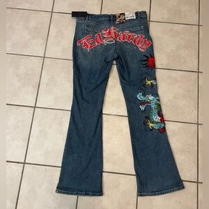 Ed Hardy Blue Straight Leg Jeans with Graphic Accents on bum
